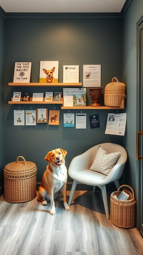 A dog in a dog grooming salon's training and education corner filled with books and training materials.