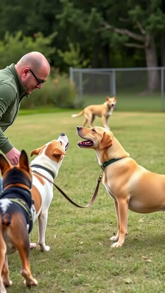 A caregiver interacts with several dogs in a grassy outdoor area at a dog boarding facility.