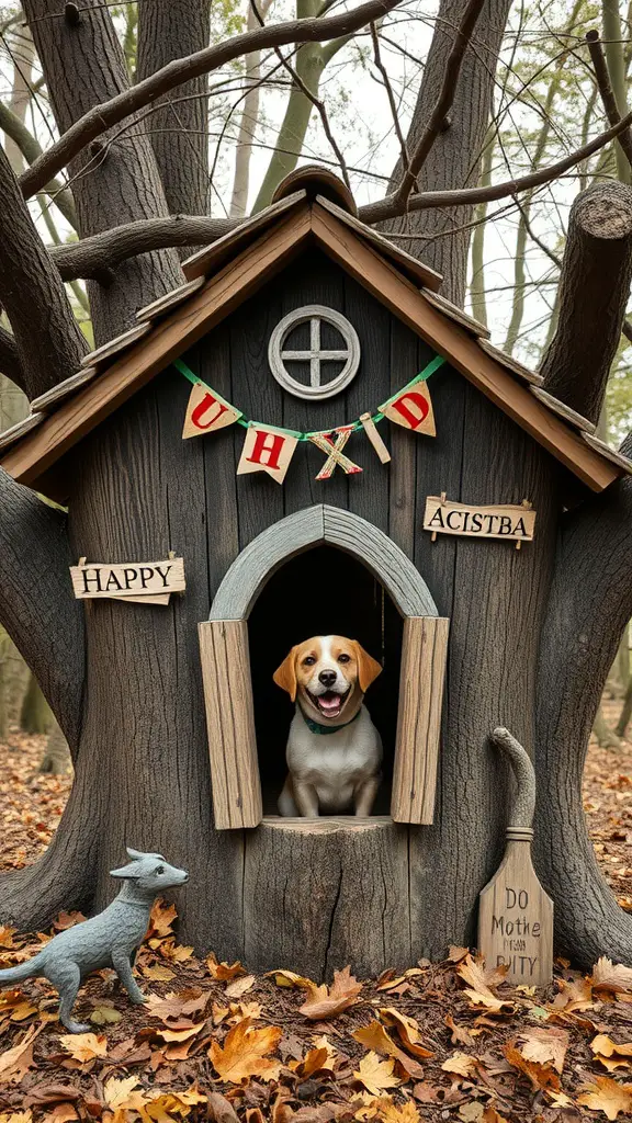 A cozy treehouse dog shelter with a smiling dog looking out, surrounded by trees and autumn leaves.