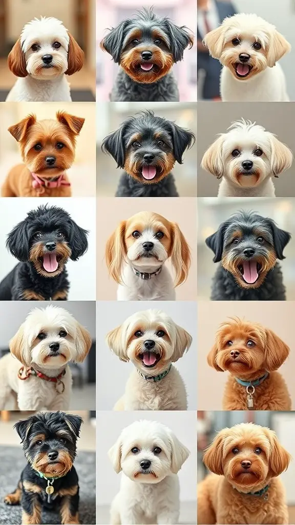 A collage of various dog breeds displaying different grooming styles and looks.