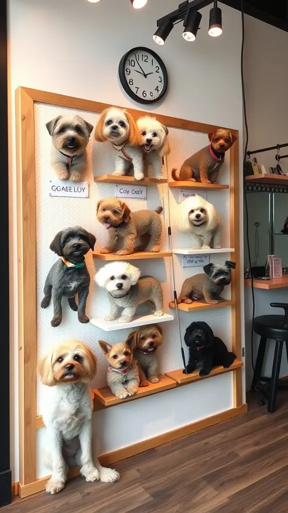 A group of dogs with various grooming styles displayed on shelves in a salon.