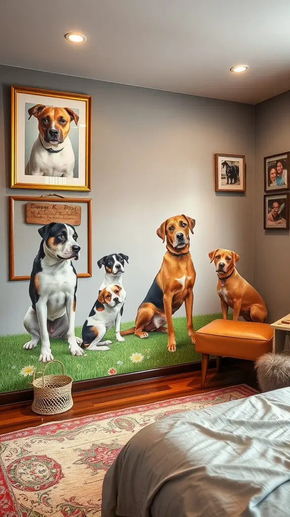 A cozy bedroom wall featuring large dog portraits and grass-themed design, creating a playful atmosphere.