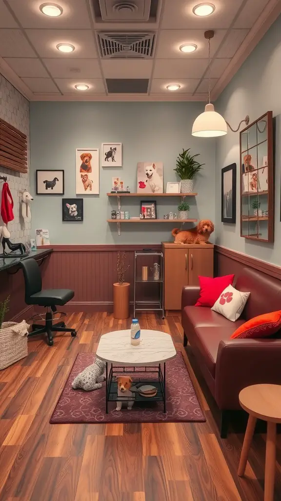 Cozy reception area of a dog grooming salon with a comfortable sofa, pet-themed artwork, and a welcoming atmosphere.