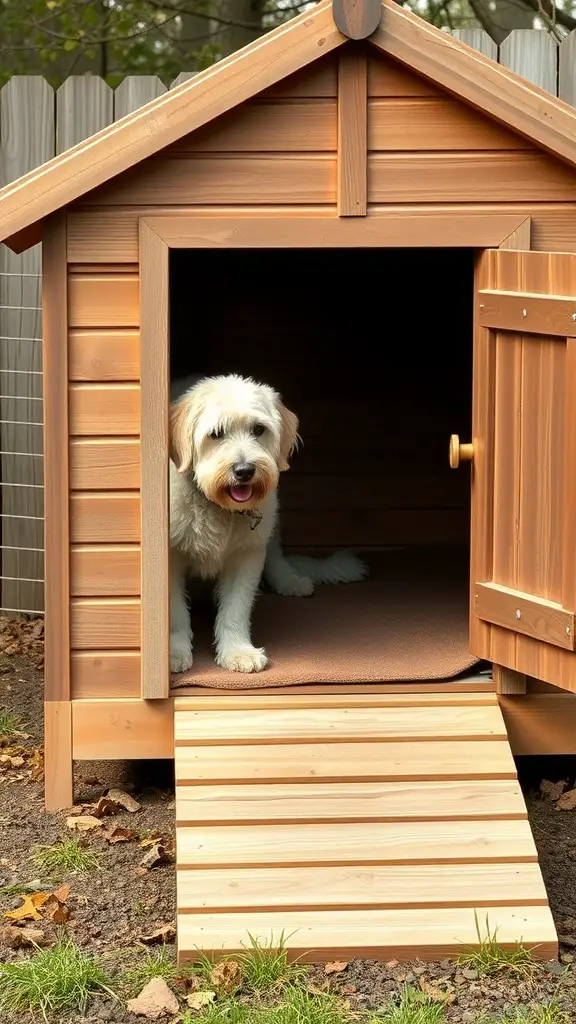 A wooden dog house with a ramp, featuring a dog sitting at the entrance.