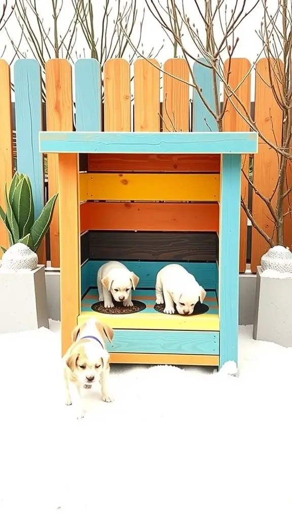 Colorful dog feeding station with three puppies eating inside.