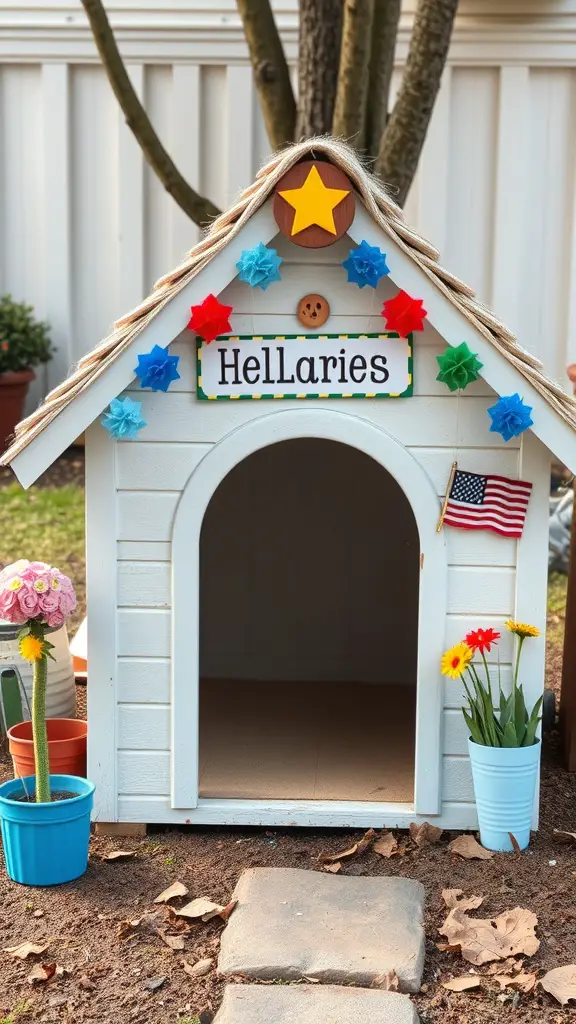 A decorated dog house with colorful flowers, a sign, and a small flag.