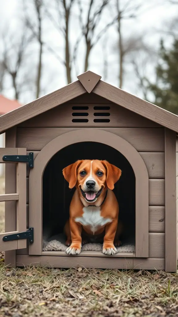 A happy dog sitting in a well-ventilated dog house with vents on top.