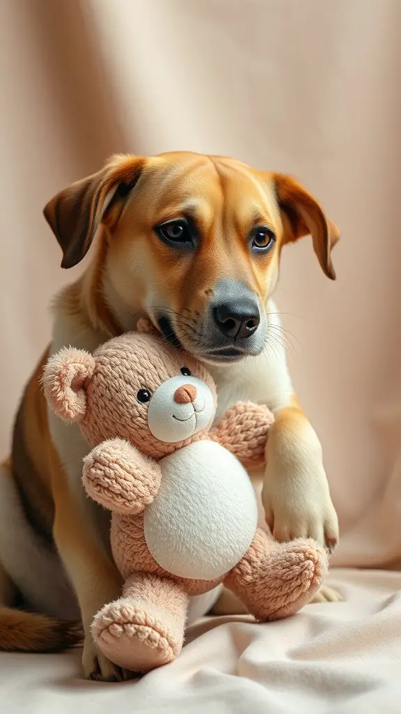 A dog holding a teddy bear, symbolizing a pregnancy announcement.