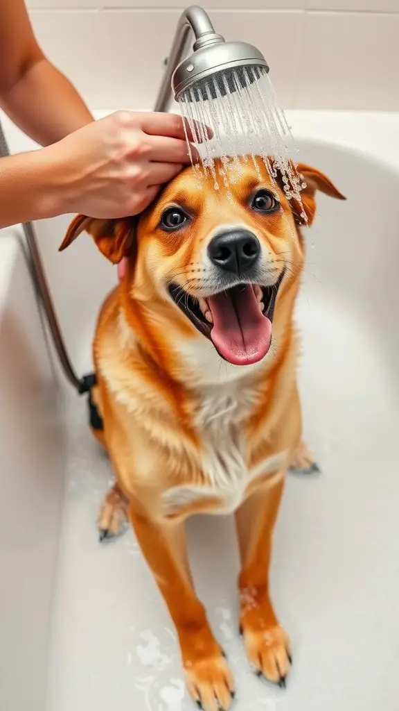 A happy dog being bathed with water flowing from a showerhead.