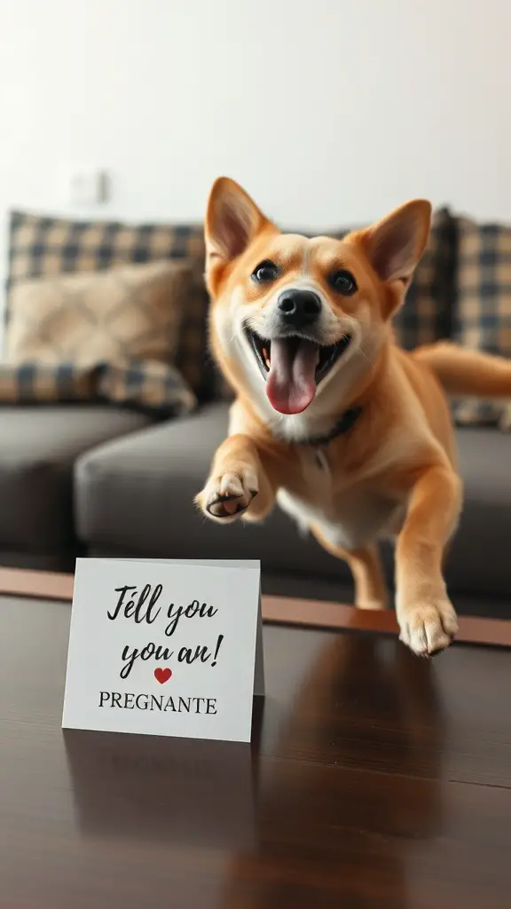 A happy dog jumping with a pregnancy announcement card on a table