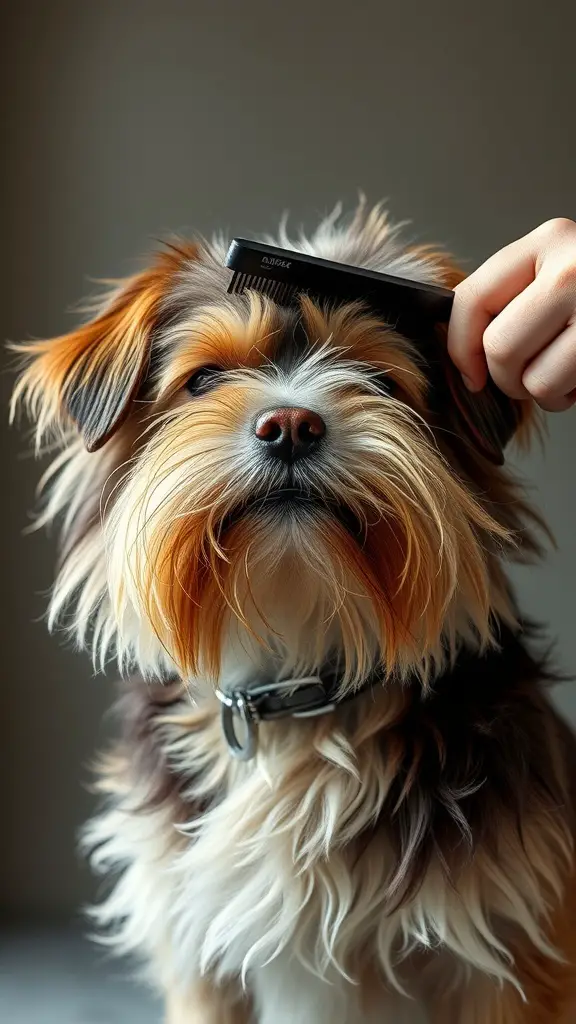 A person brushing a fluffy dog with a comb, focusing on grooming techniques.