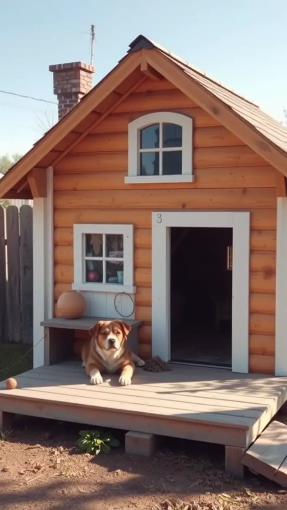A wooden dog house with a porch and a dog sitting outside.