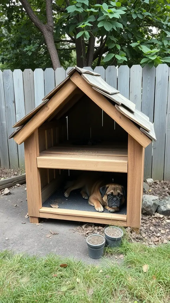 A wooden dog house with a slanted roof, featuring a dog resting inside, surrounded by greenery.