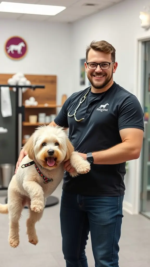 A groomer smiling while holding a leash of a fluffy dog in a grooming salon.