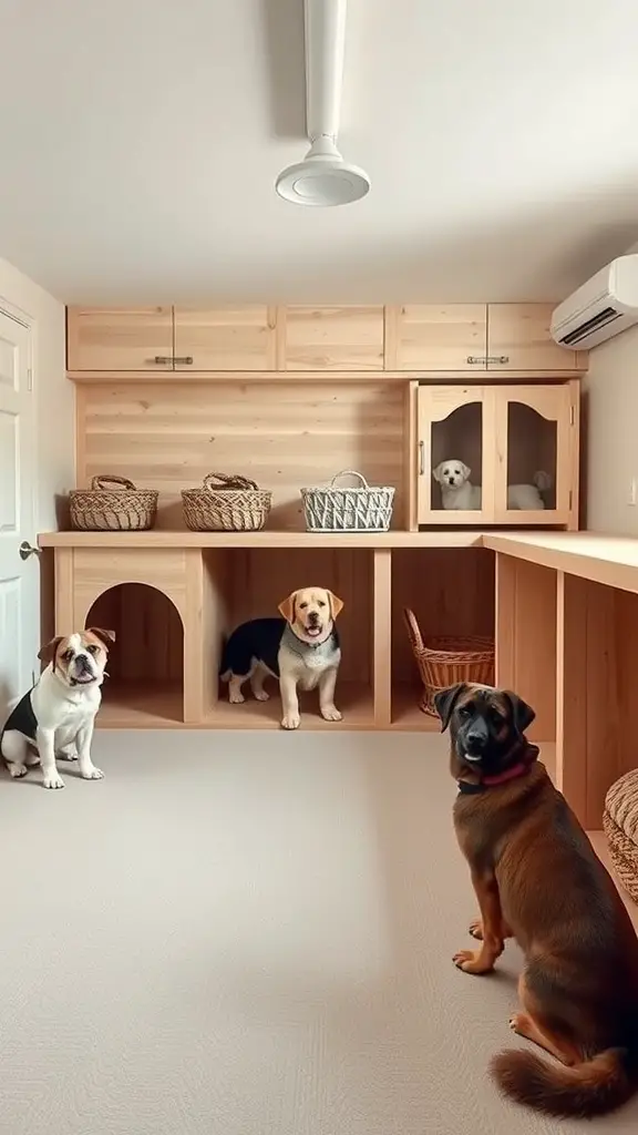 A cozy multi-dog house with three dogs and wooden structures for storage and comfort.