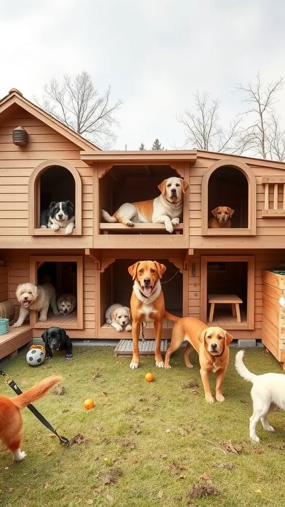 A multi-level dog house with several dogs playing and lounging around.