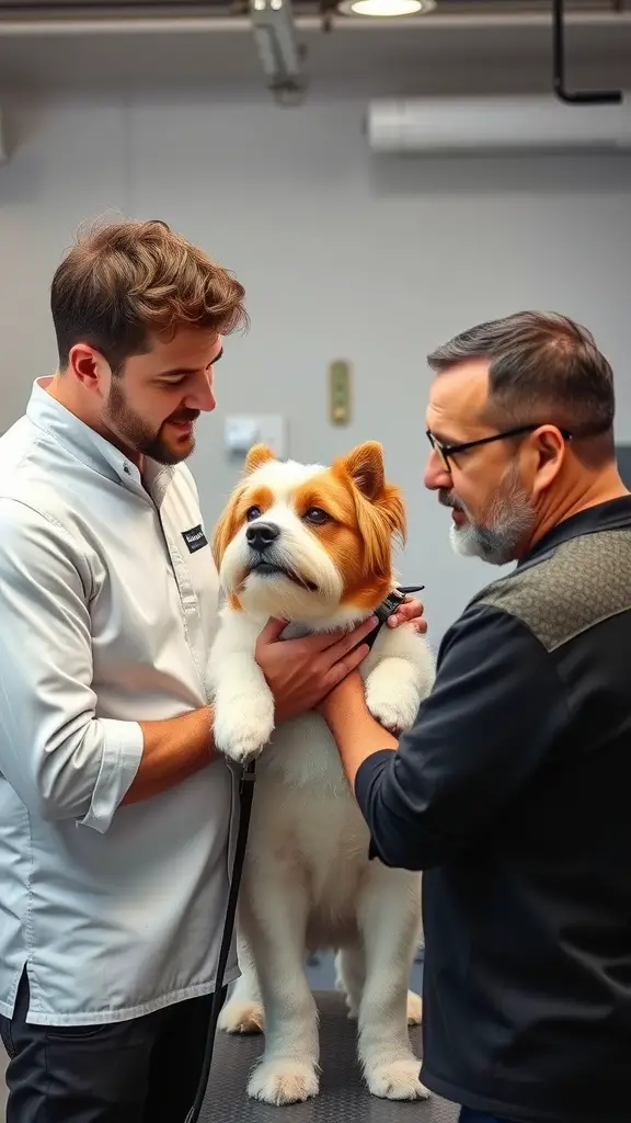 Two groomers interacting with a happy dog in a grooming salon.