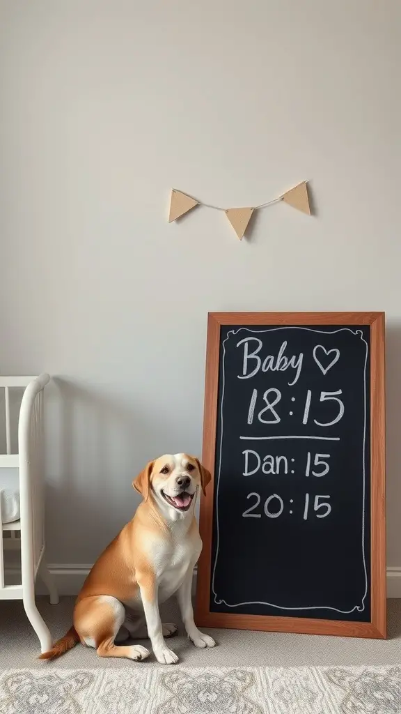 A dog sitting next to a chalkboard announcing a baby's arrival with times for the baby and dad.