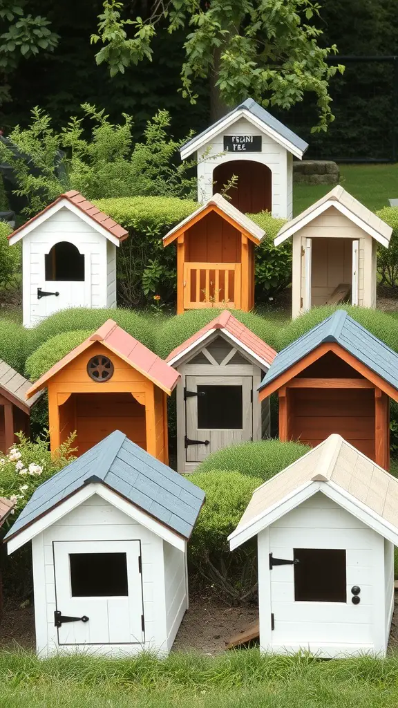 A variety of colorful dog houses with different roof styles arranged in a garden setting.