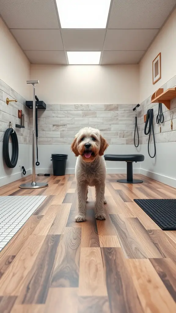 A dog grooming room featuring a happy dog on a wooden floor, with grooming tools and mats visible.