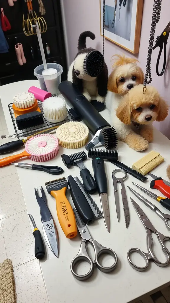 A variety of dog grooming tools including brushes, scissors, and clippers, with two toy dogs in the background.