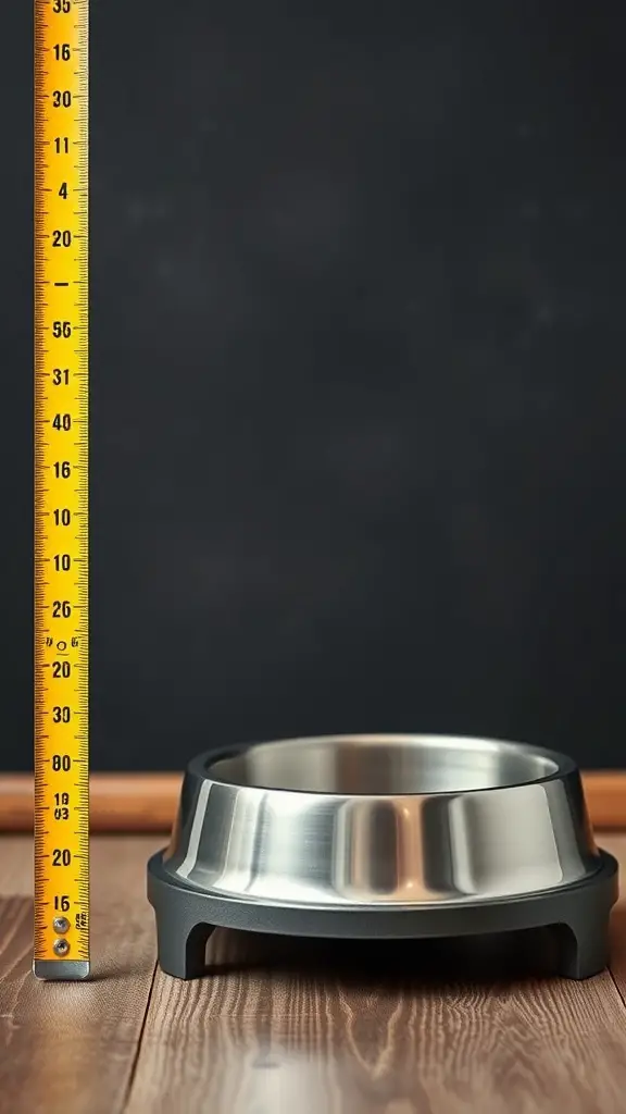 A measuring tape next to a dog bowl, illustrating the importance of bowl height for dogs.