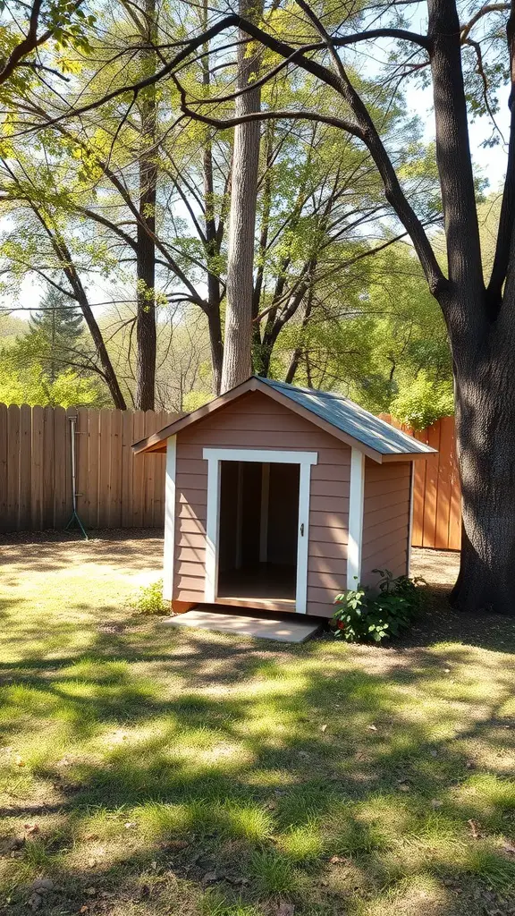A dog house situated in a grassy area surrounded by trees and a wooden fence.
