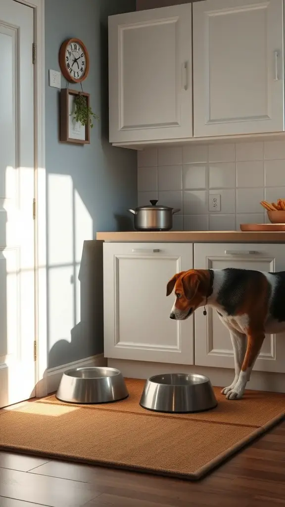 A dog looking at two stainless steel feeding bowls in a kitchen setting.