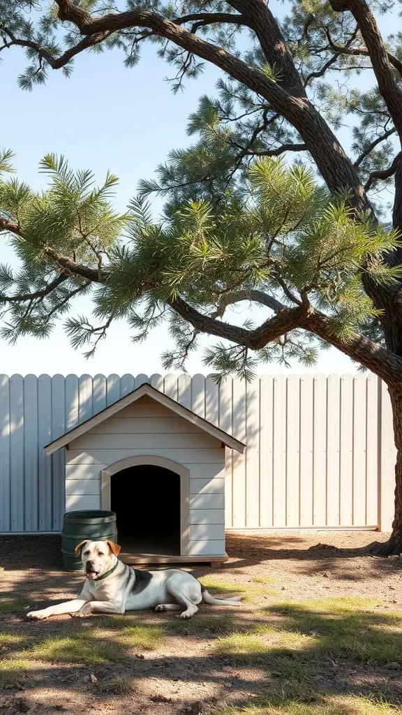 A dog lying in front of a dog house under a tree with a fenced yard.
