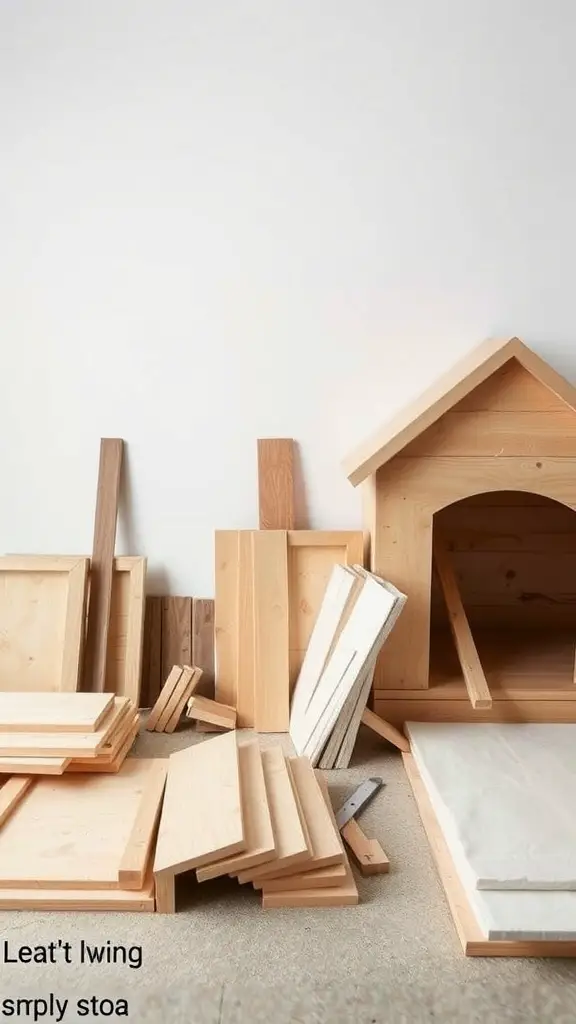Various pieces of wood and a partially assembled dog house
