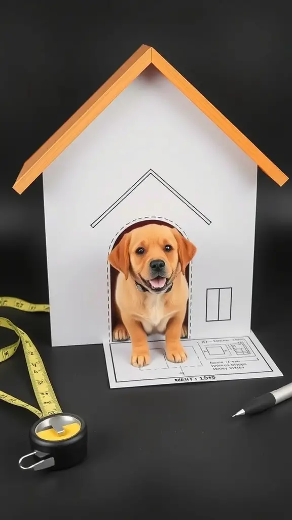 A playful dog sitting in a model dog house with a blueprint and measuring tools around.