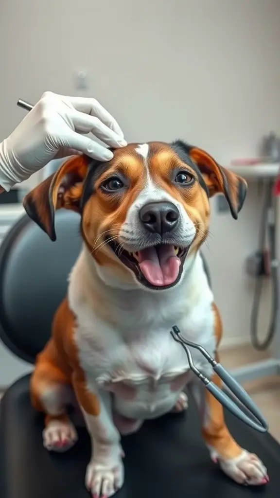 A happy dog sitting on a grooming table, ready for ear cleaning.