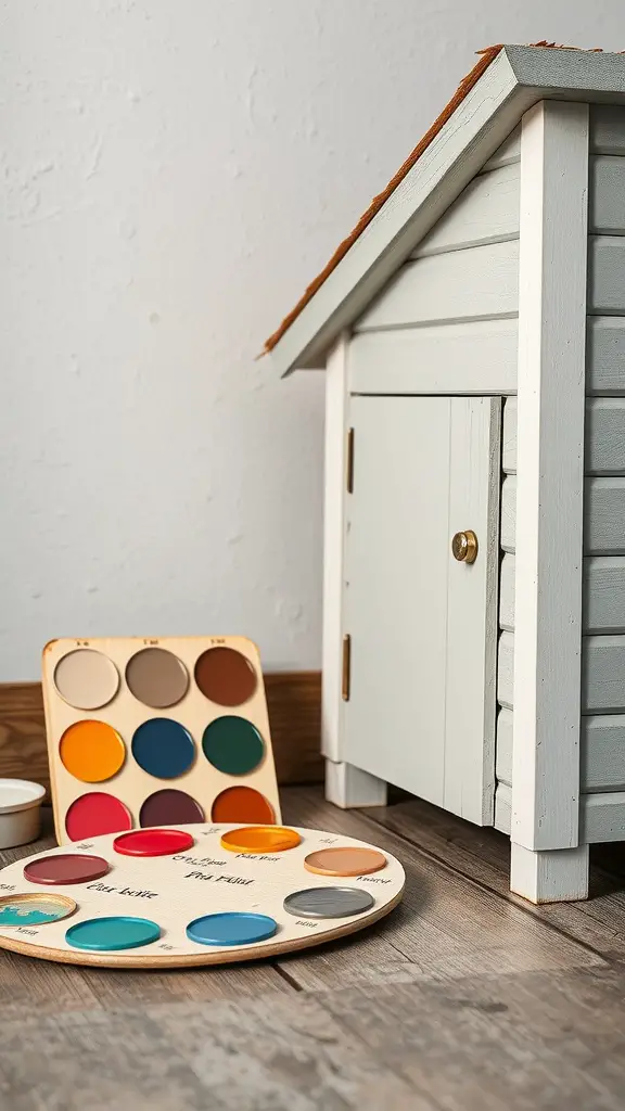 A dog house with a color palette of paint samples next to it.
