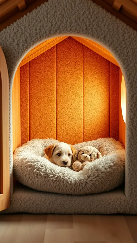 A cozy dog house interior featuring a fluffy bed and a puppy with a teddy bear.