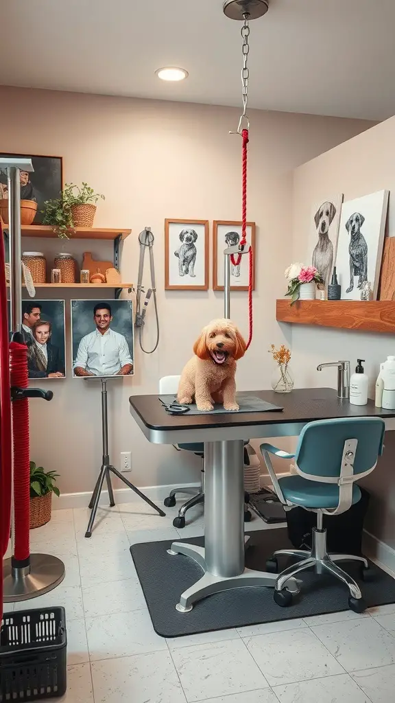 A cozy dog grooming room with a grooming table, cheerful dog, and pet portraits on the wall.