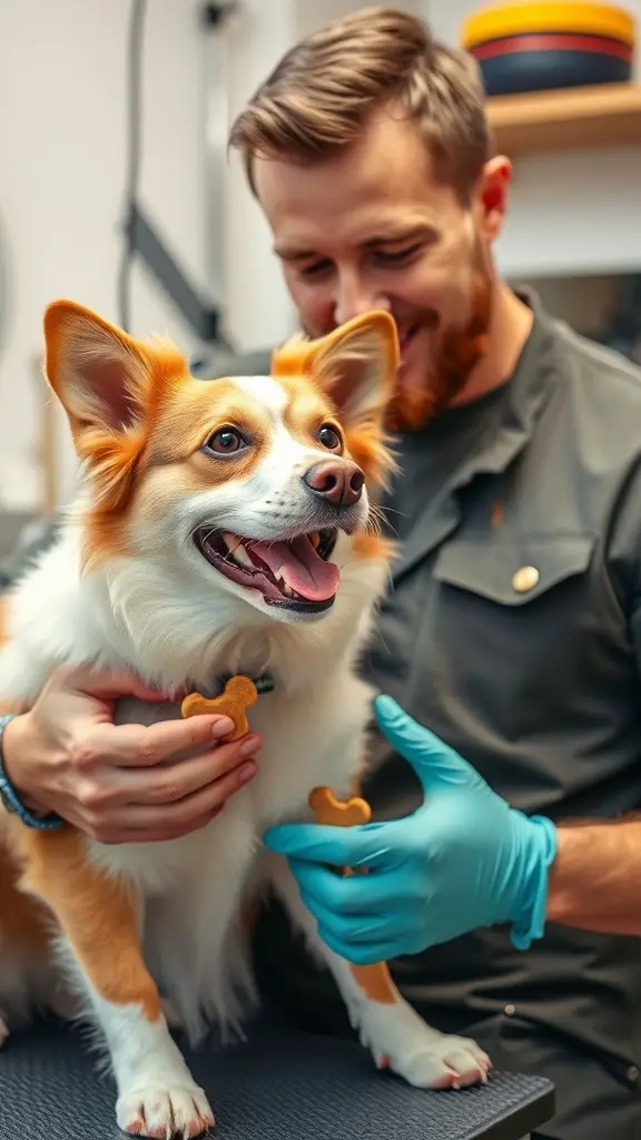 A happy dog receiving treats during a grooming session, surrounded by hands offering snacks.
