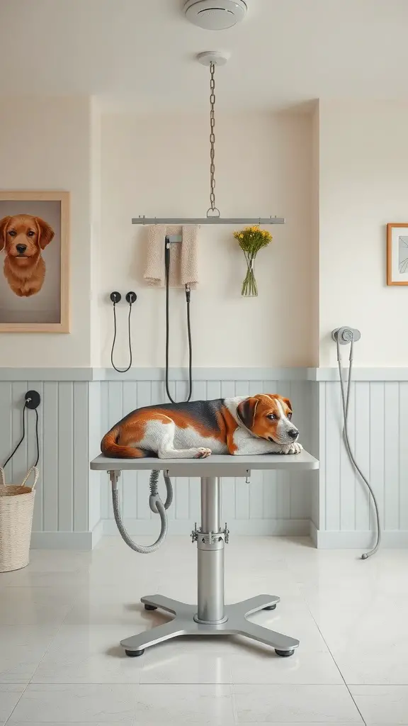 A dog relaxing on a grooming table in a well-designed grooming room