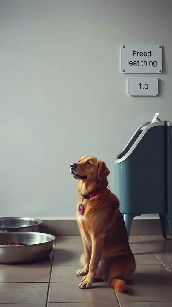 A dog sitting next to its feeding bowls, waiting for meal time.