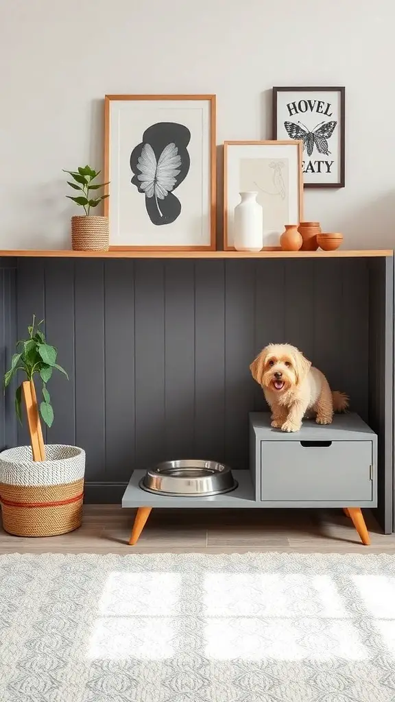 Stylish dog feeding station with a gray cabinet, metal bowl, and decorative elements.