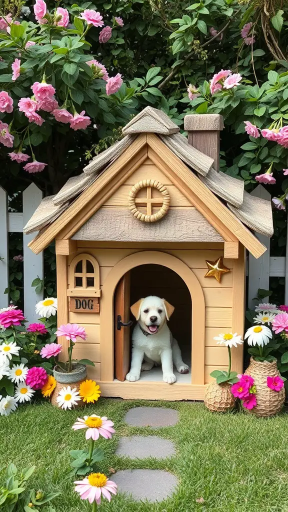 A cute dog house with a puppy sitting at the entrance, surrounded by colorful flowers.