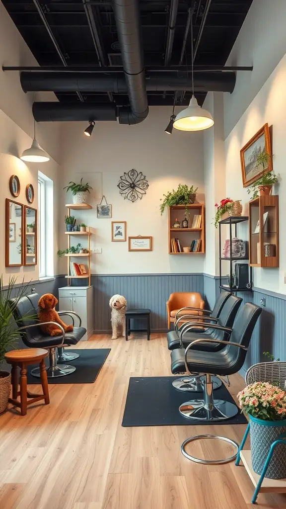 A bright and tidy dog grooming area with comfortable seating, plants, and decorative elements.