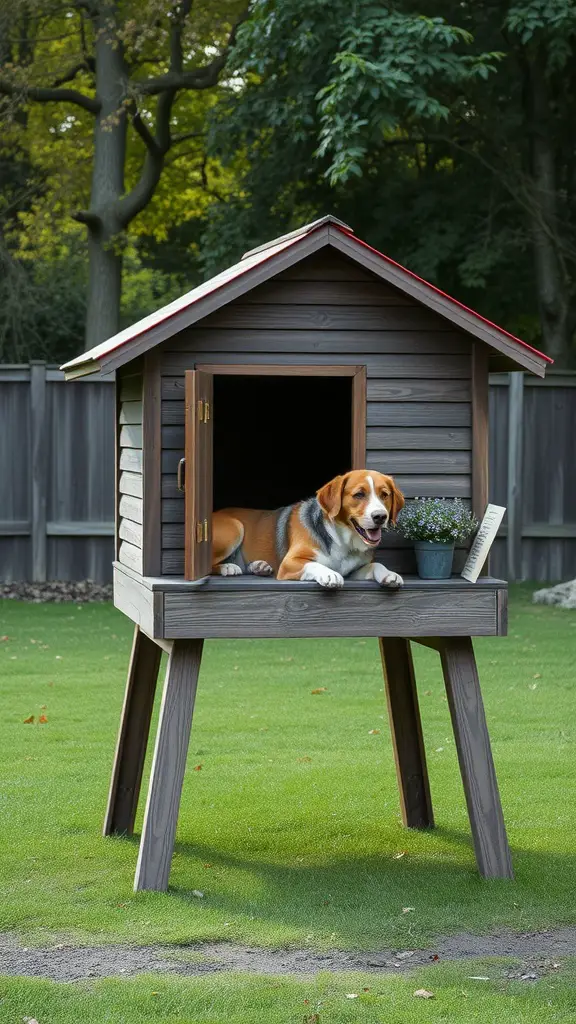A cozy elevated dog house with a dog lounging inside, surrounded by greenery.