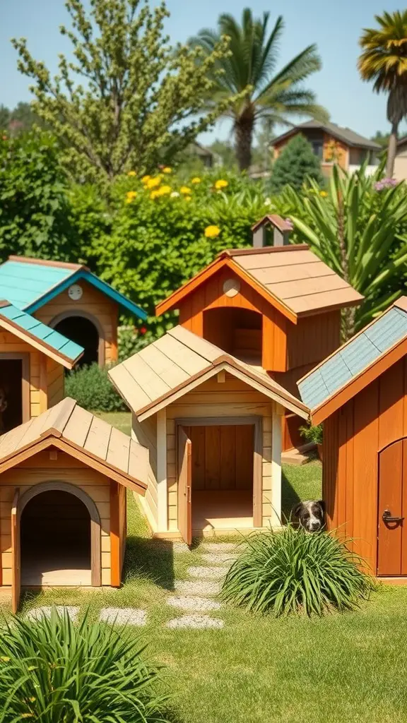 Colorful dog houses with various roof designs in a lush garden setting.