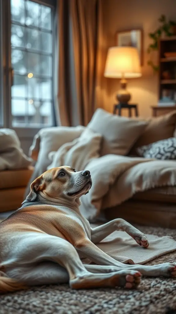 A pregnant person relaxing on a couch with their dog lying beside them.