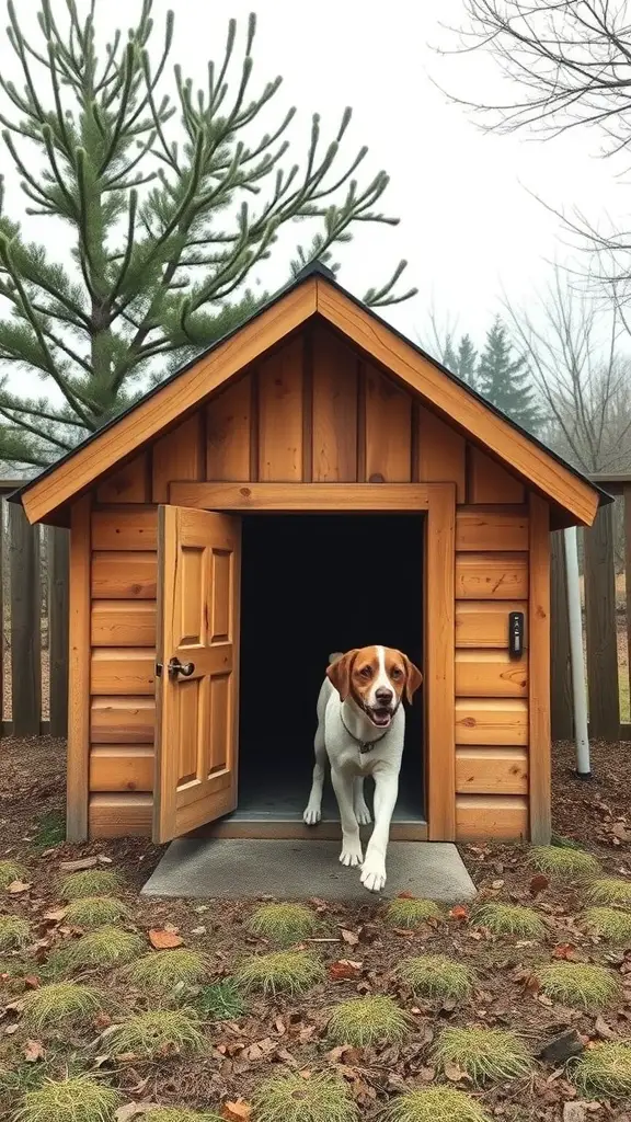 A wooden dog house with a spacious entrance, featuring a dog happily stepping out.