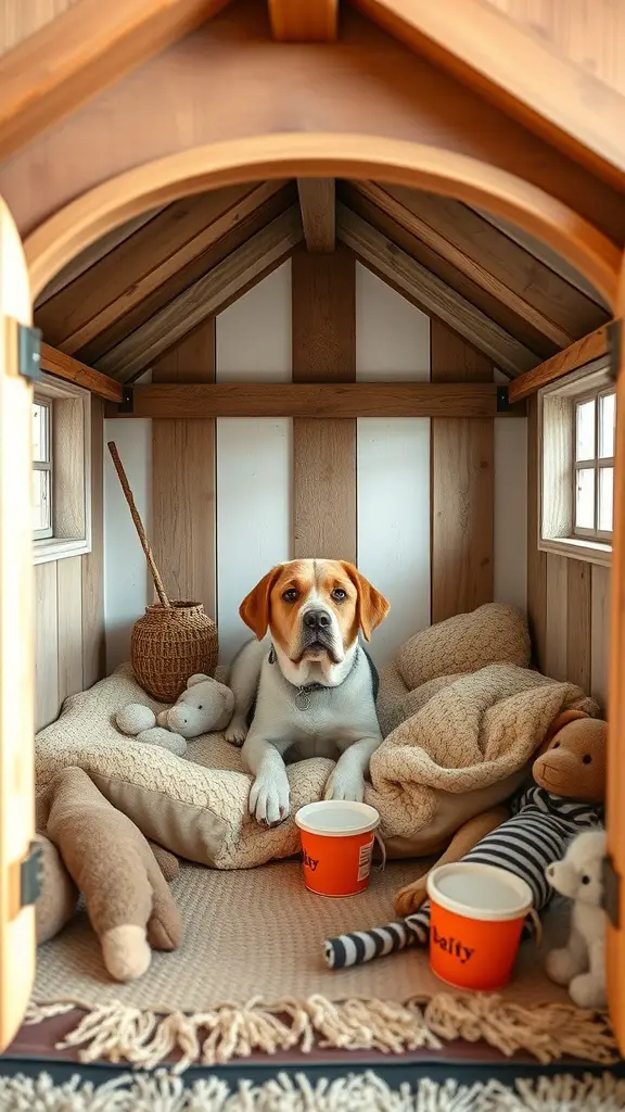 A cozy dog house interior featuring a dog on a soft bed surrounded by plush toys.