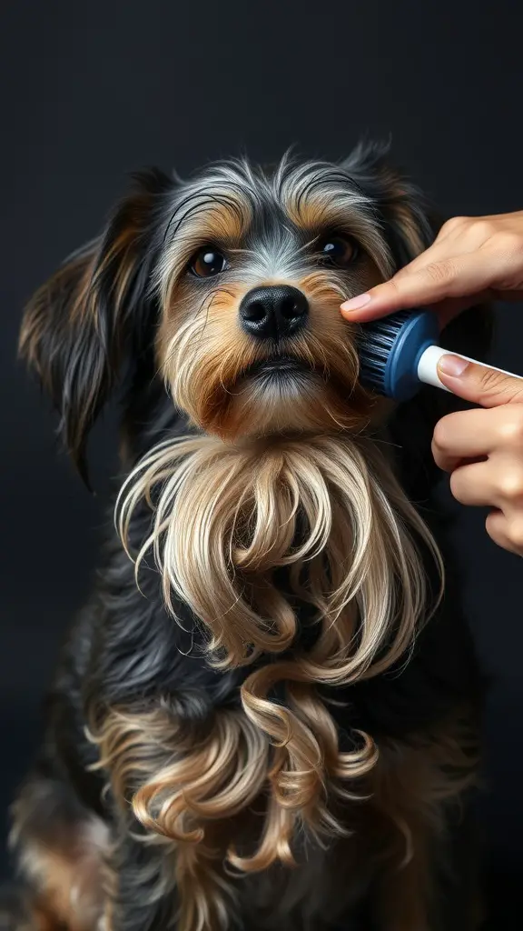 A person brushing a dog's face to remove tangles and mats.