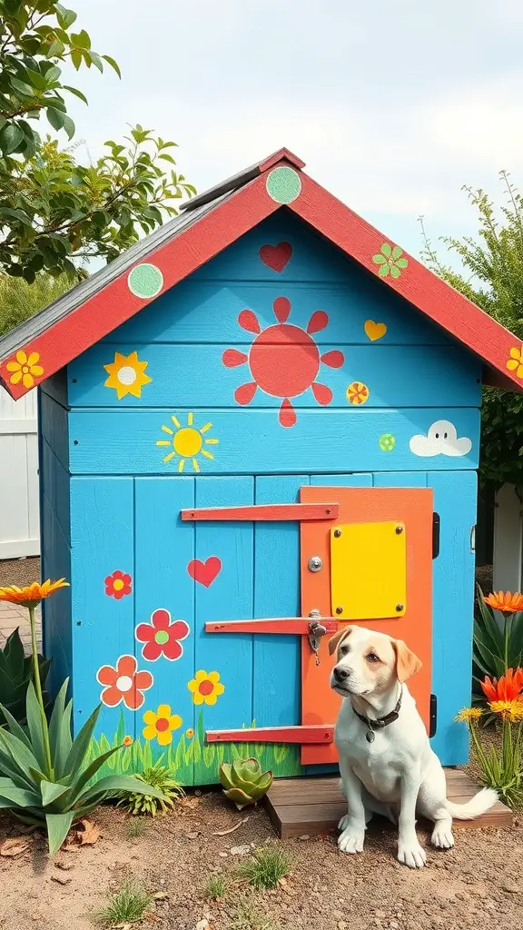 A colorful dog house painted blue with red roof and decorated with flowers and sun designs, with a dog sitting in front.