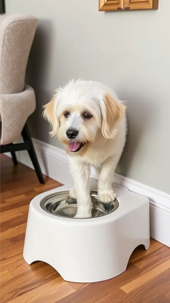 A modern feeding station for dogs with a raised bowl and a dog standing beside it.