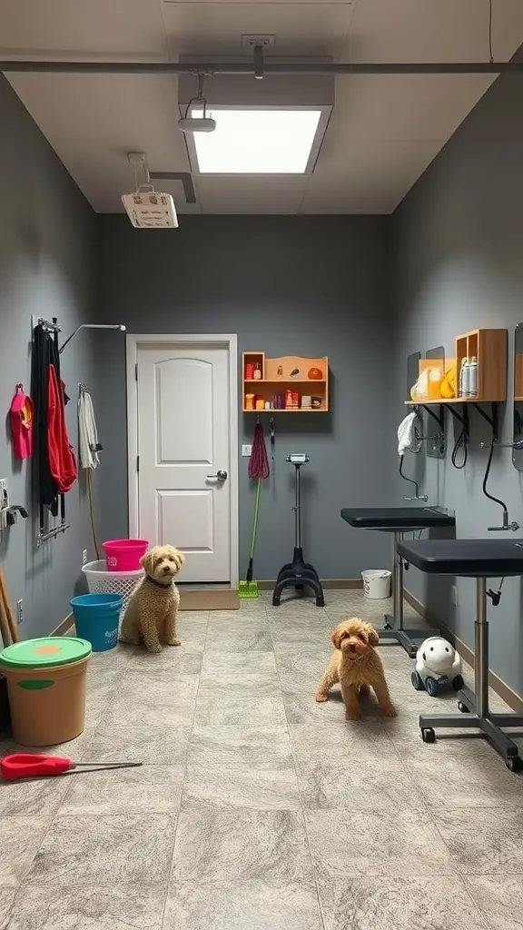 A bright and organized dog grooming room with two dogs, grooming tables, and colorful storage bins.